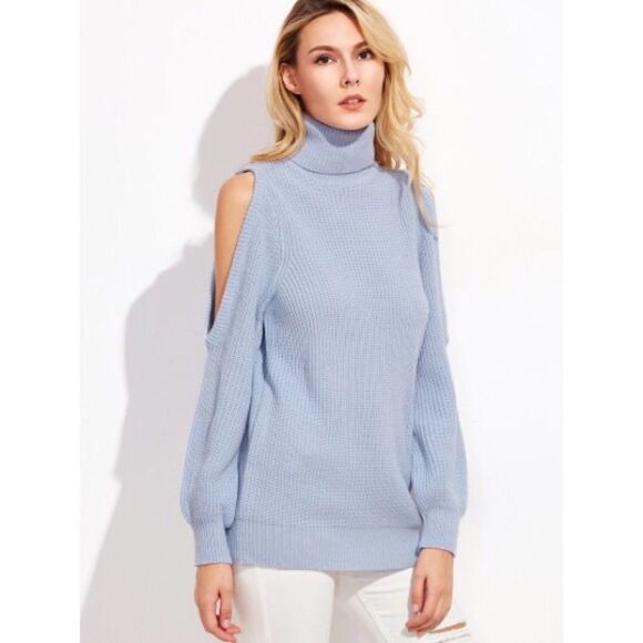 ✨Blue Turtleneck Open Shoulder Sweater✨ - Picture 3 of 7